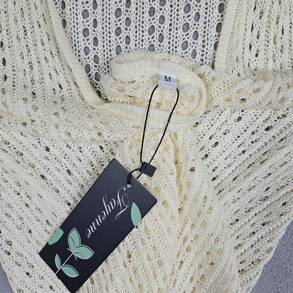 Crochet Cover Up Dress Women Medium Bell Sleeve Cinch Sides Open Knit Beige Swim - Picture 5 of 14